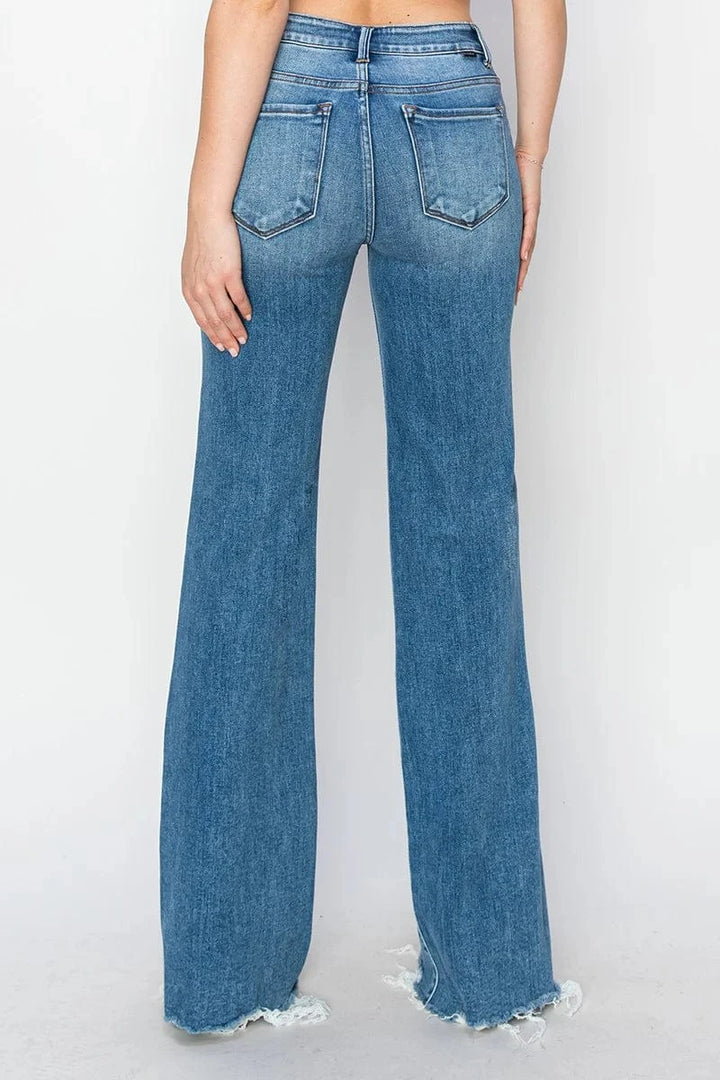 Risen Tummy Control Mid Rise Wide Jeans with Slight Distressing and Raw Hem