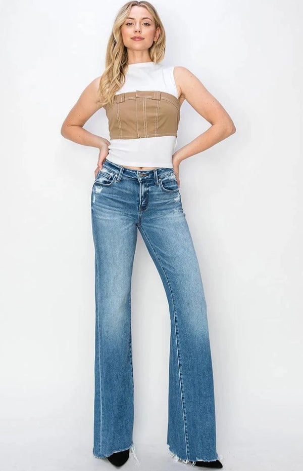 Risen Tummy Control Mid Rise Wide Jeans with Slight Distressing and Raw Hem