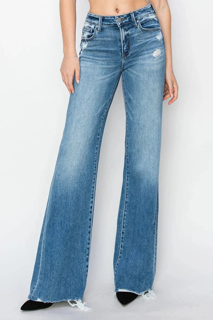 Risen Tummy Control Mid Rise Wide Jeans with Slight Distressing and Raw Hem