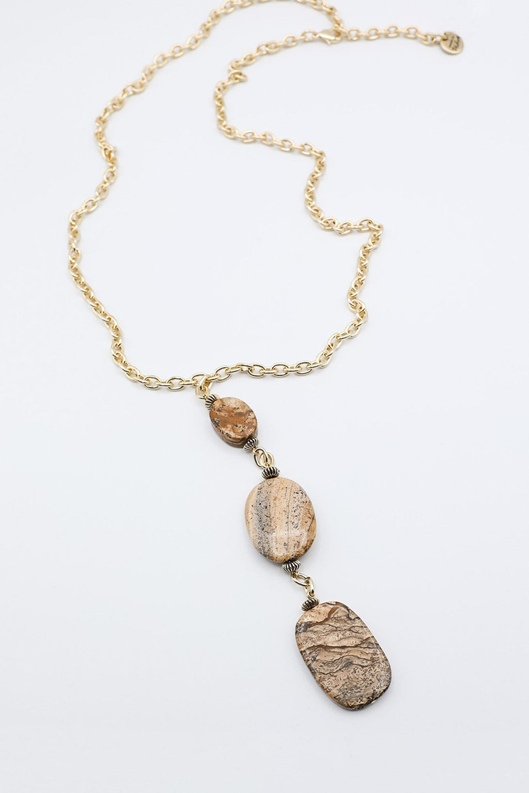 Rock Steady Long Gold Necklace with Three Flat Polished Stone Drop Feature