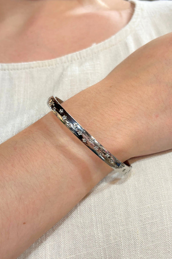 Rounded Edge Stainless Steel Gemstone Inlay Twinkling Star Bangle