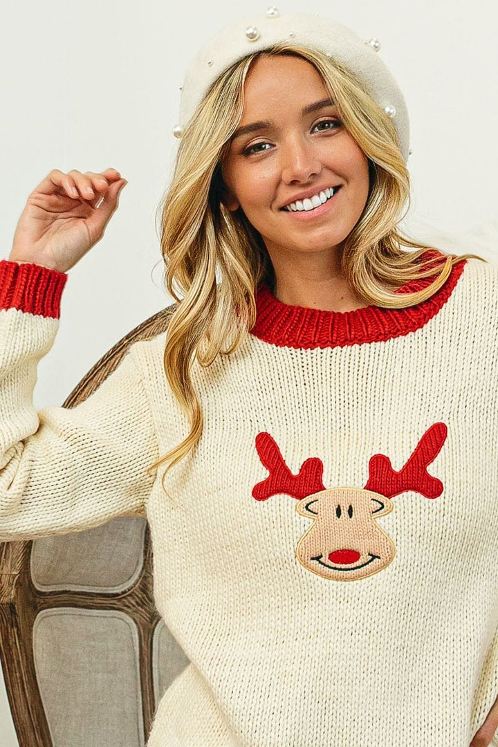 Rudolph Reindeer Embroidered Christmas Sweater with Contrast Neckline and Sleeve Cuffs