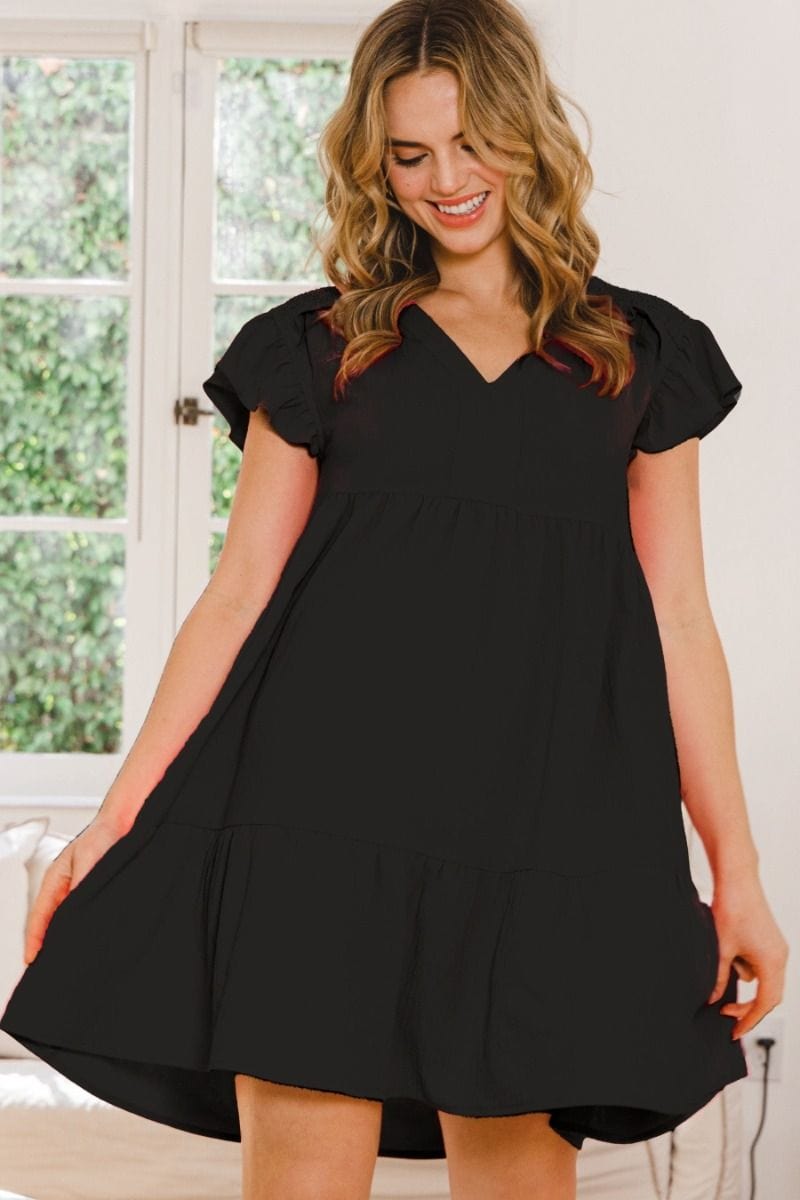 Ruffle Sleeve Solid Woven Tiered Mini Dress