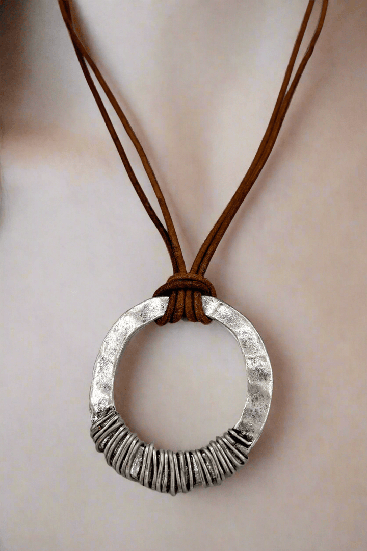 Rustic Double Leather Cord Hammered Wire Wrapped Pendant Necklace