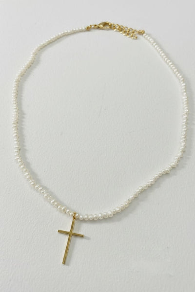 Ruth Beaded Mini Pearl Necklace with Cross Charm