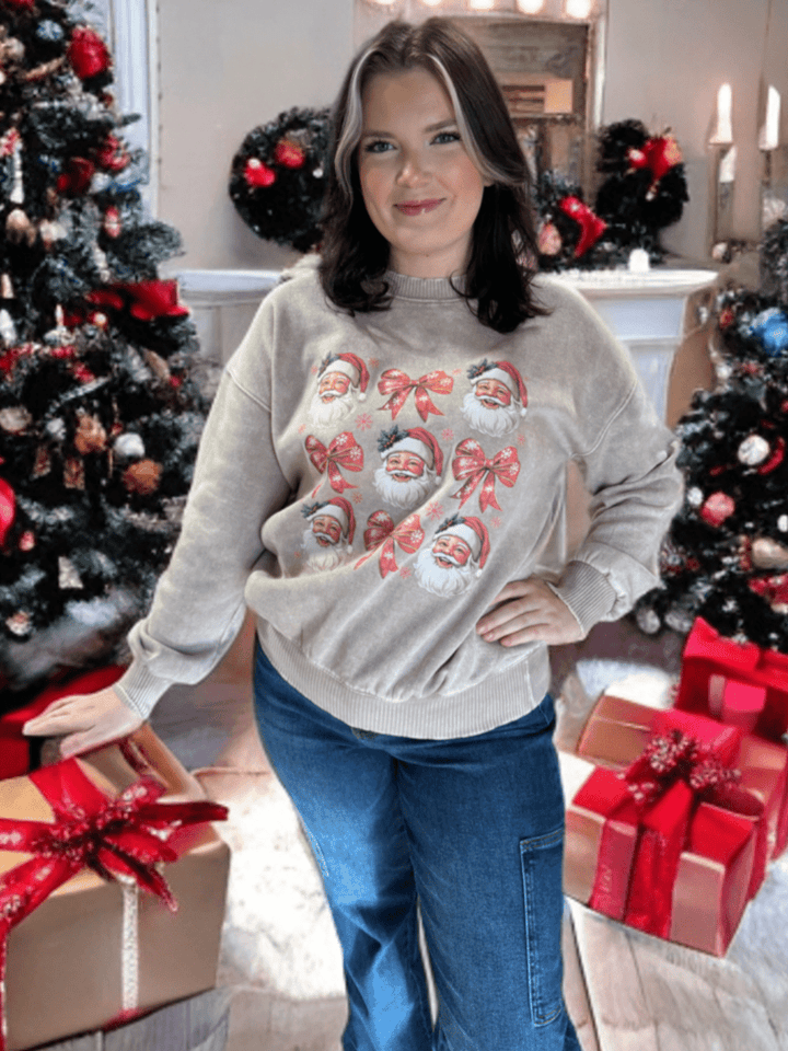 Santa Claus and Bows Washed Christmas Crewneck Sweatshirt