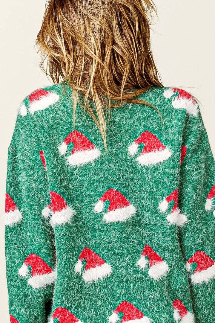 Santa Hat Pattern Fuzzy Pullover Sweater