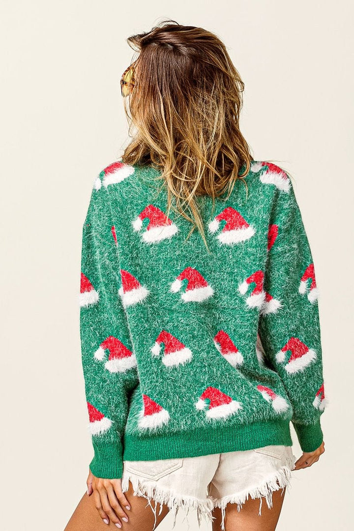 Santa Hat Pattern Fuzzy Pullover Sweater