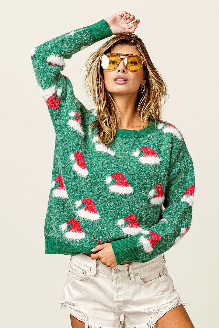 Santa Hat Pattern Fuzzy Pullover Sweater