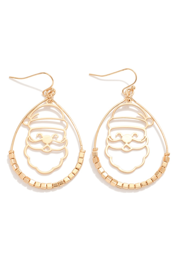 Santa Head Outline in Beaded Teardrop Dangle Earrings