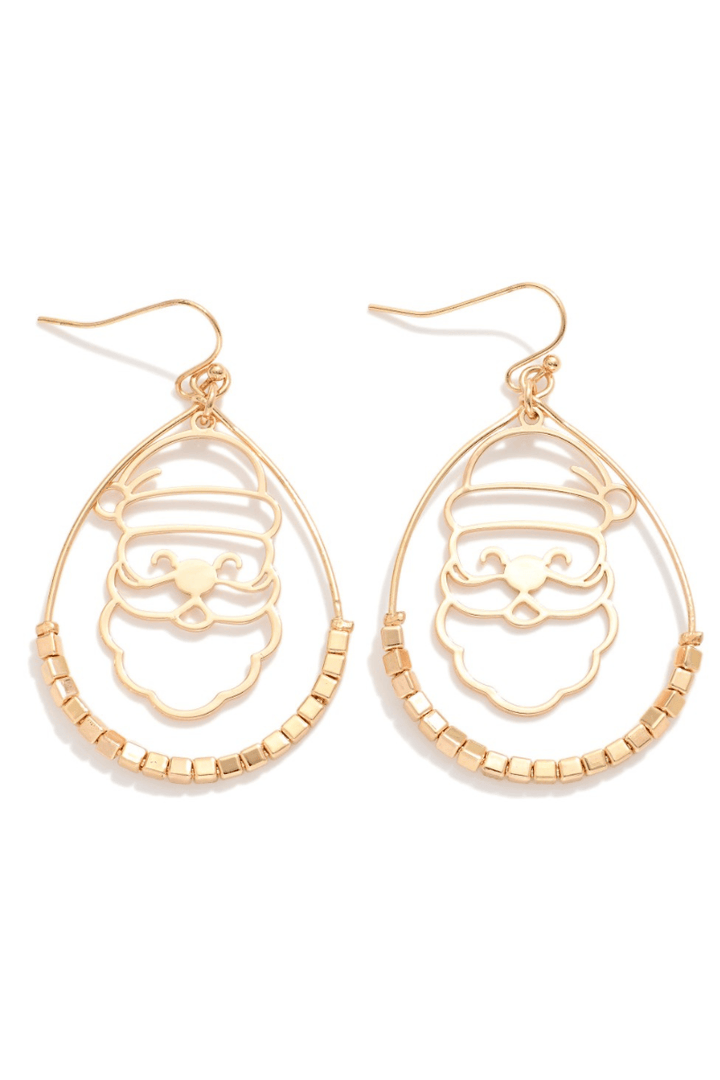 Santa Head Outline in Beaded Teardrop Dangle Earrings