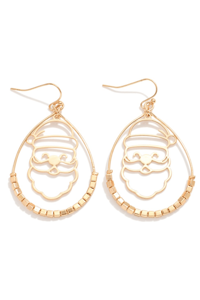 Santa Head Outline in Beaded Teardrop Dangle Earrings