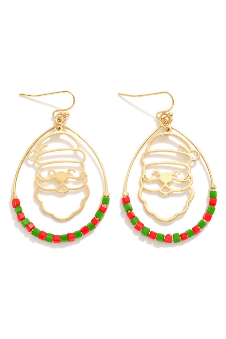 Santa Head Outline in Beaded Teardrop Dangle Earrings