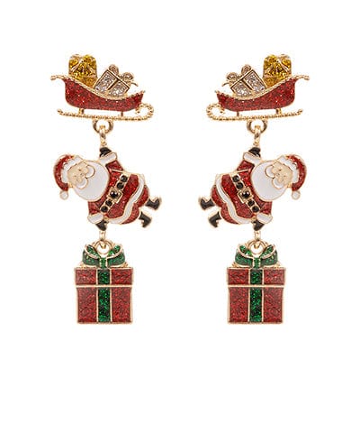 Santa's Sleigh and Gifts Christmas Glitter Enamel Linear Drop Earrings