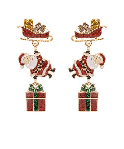 Santa's Sleigh and Gifts Christmas Glitter Enamel Linear Drop Earrings