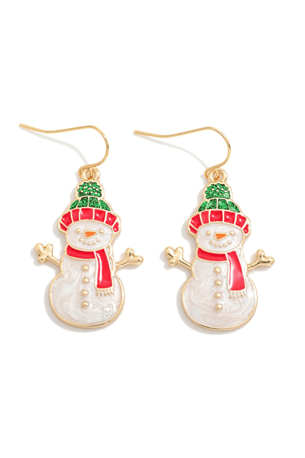 Scarf and Hat Enamel Snowman Dangle Earrings