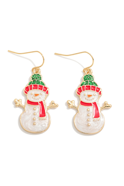 Scarf and Hat Enamel Snowman Dangle Earrings