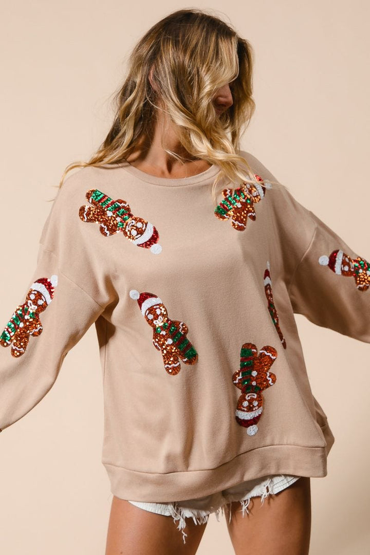 Sequin Gingerbread Man Embroidered Christmas Fleece Pullover