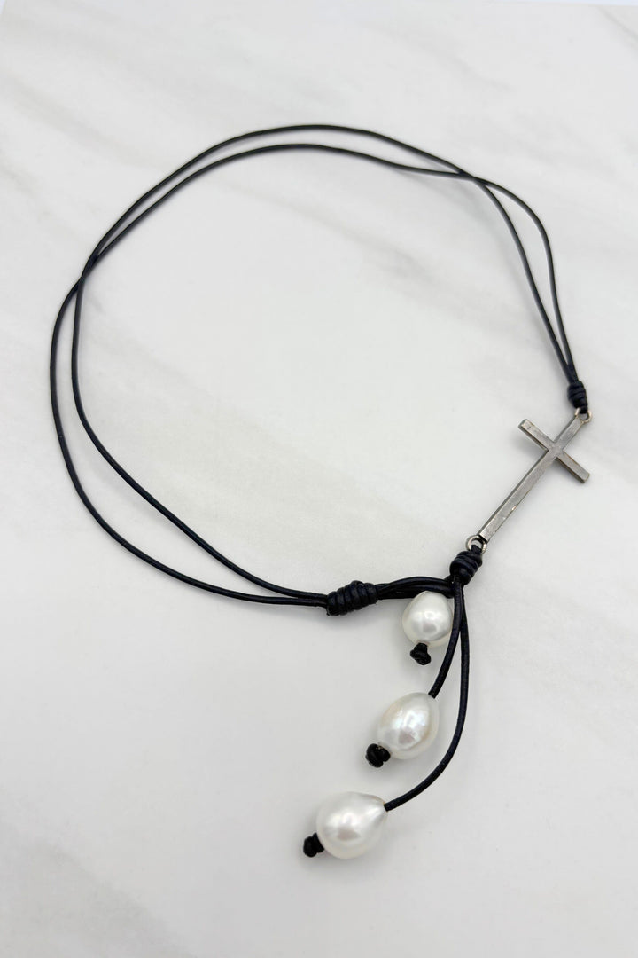 Short Leather Cord Necklace with Cross and Pearls