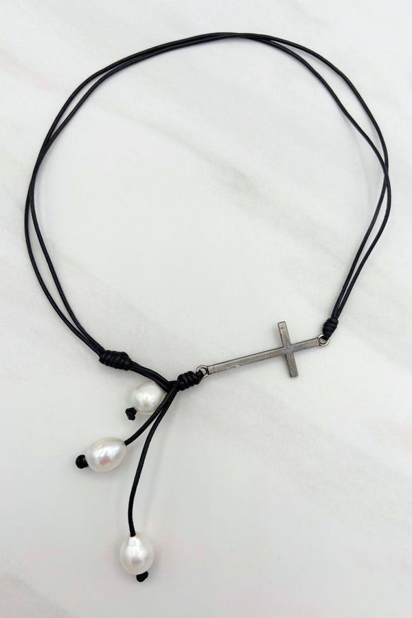 Short Leather Cord Necklace with Cross and Pearls