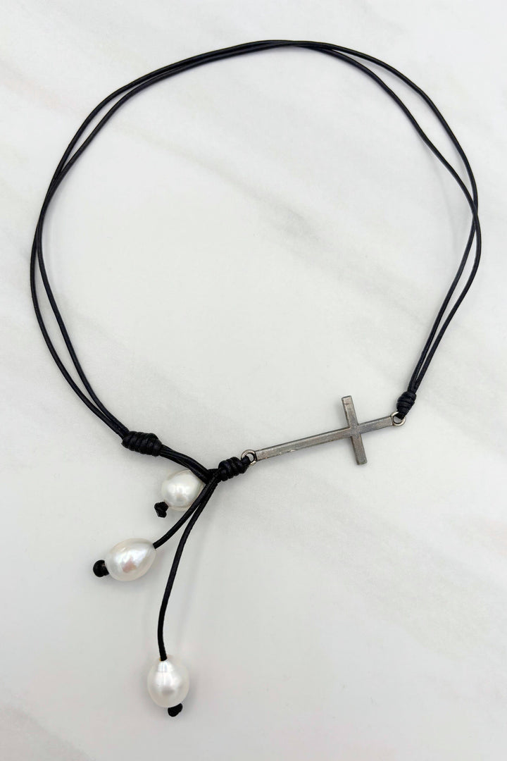 Short Leather Cord Necklace with Cross and Pearls