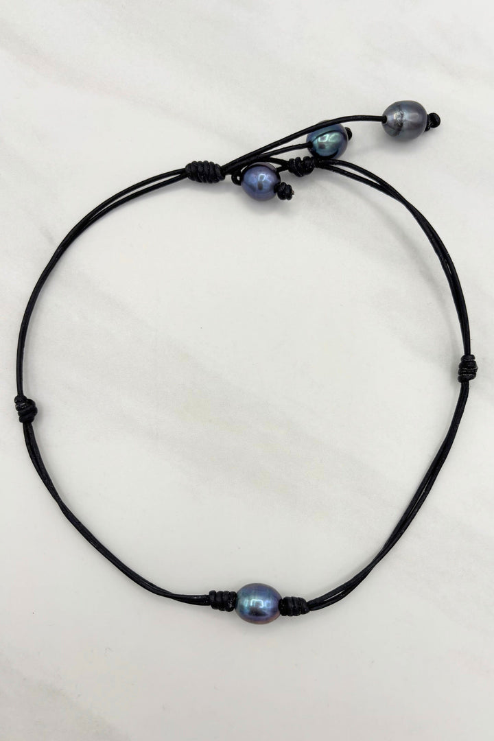 Short Leather Cord Reversible Necklace with Freshwater Pearls