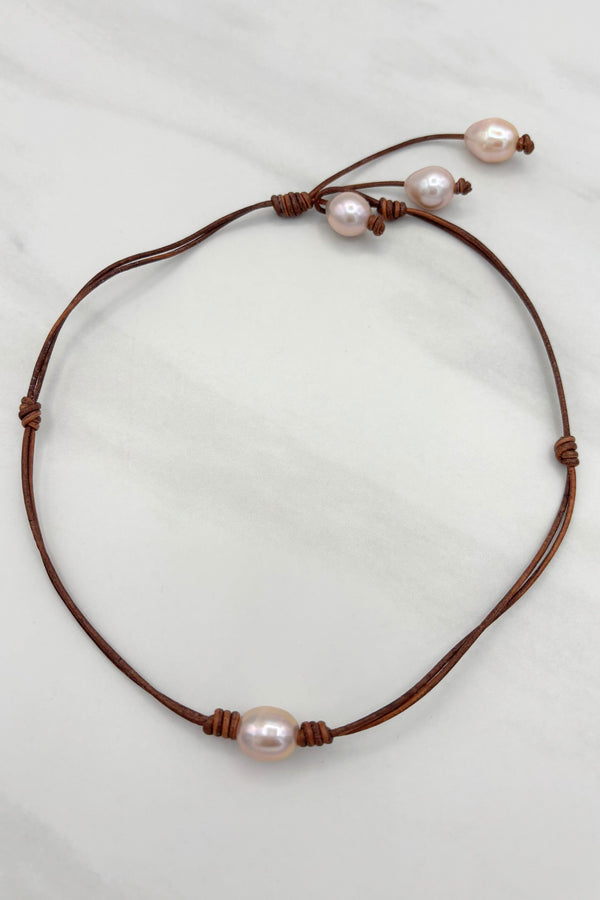 Short Leather Cord Reversible Necklace with Freshwater Pearls