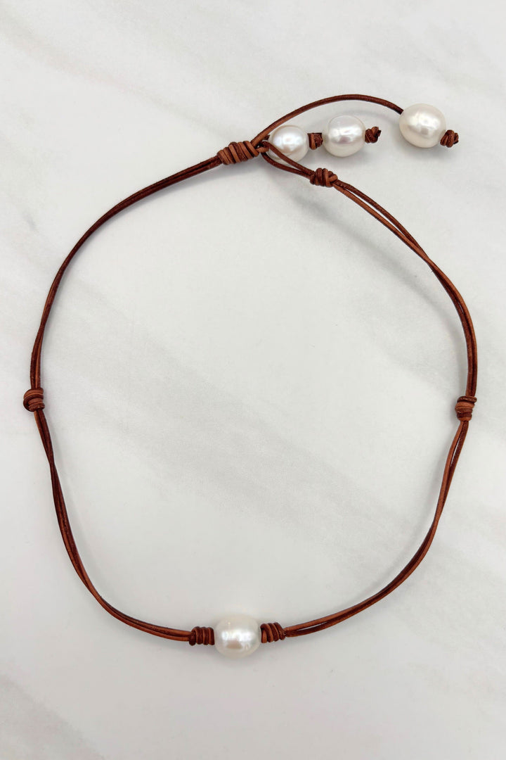 Short Leather Cord Reversible Necklace with Freshwater Pearls
