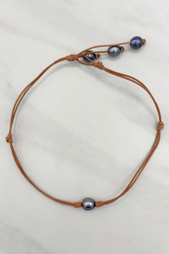 Short Leather Cord Reversible Necklace with Freshwater Pearls