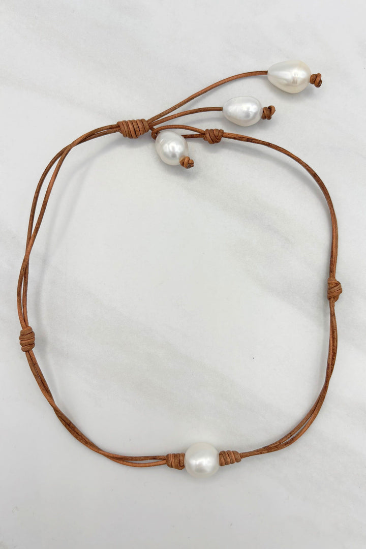 Short Leather Cord Reversible Necklace with Freshwater Pearls