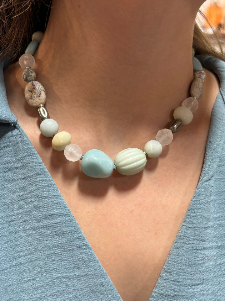 Sibelle Short Mixed Genuine Stone Beaded Necklace with Decorative Spacers