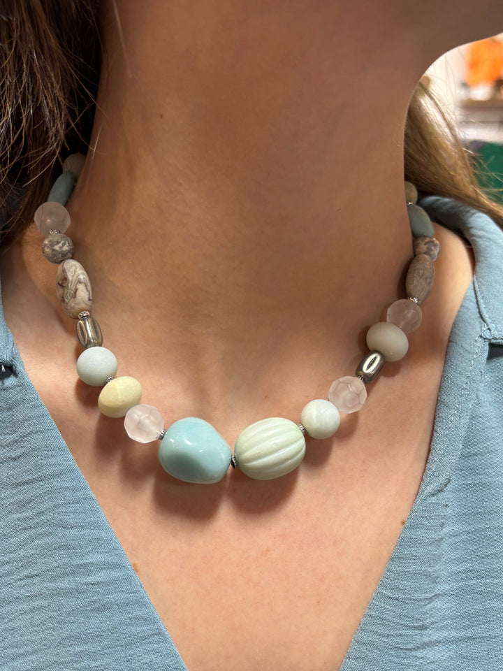 Sibelle Short Mixed Genuine Stone Beaded Necklace with Decorative Spacers