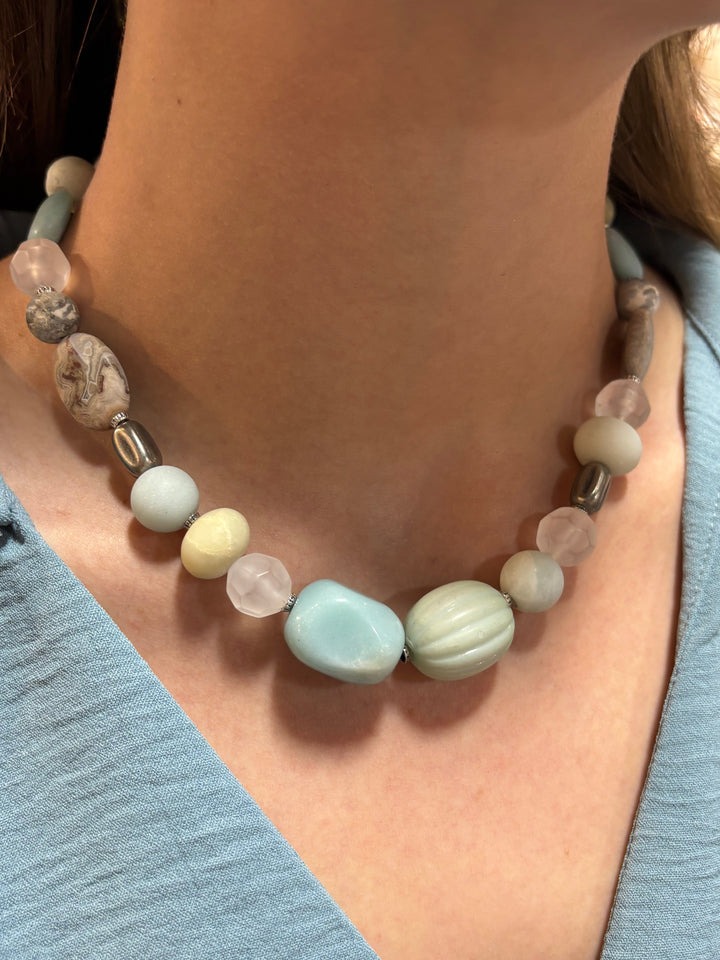 Sibelle Short Mixed Genuine Stone Beaded Necklace with Decorative Spacers