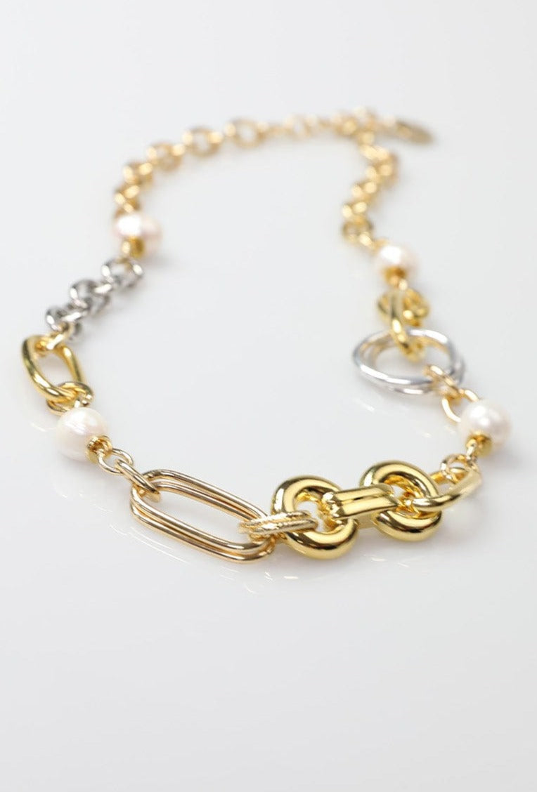 Silver and Gold Necklace with Variety of Chain and Fresh Water Pearls