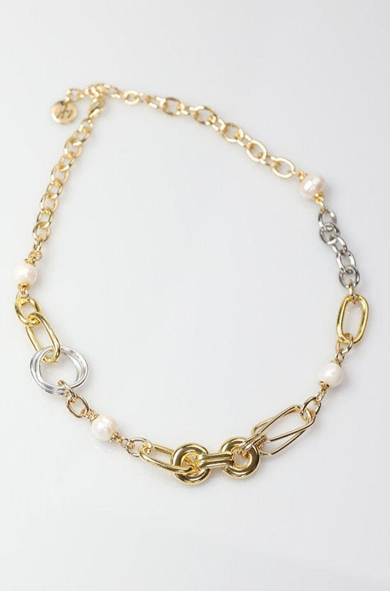Silver and Gold Necklace with Variety of Chain and Fresh Water Pearls