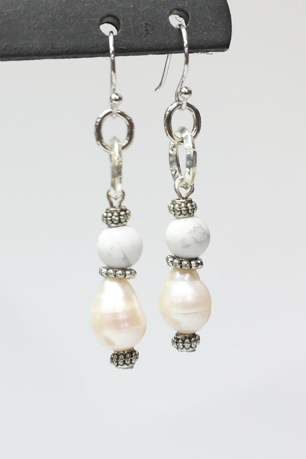 Silver and White Earrings with Howlite and Freshwater Pearls