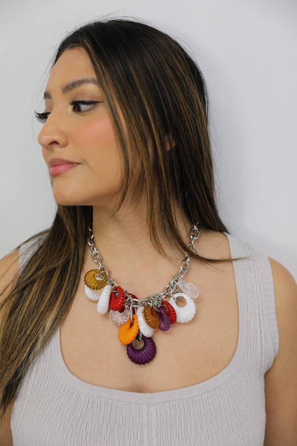 Silver Chain Necklace with Multi Color Clam Hoop Accents