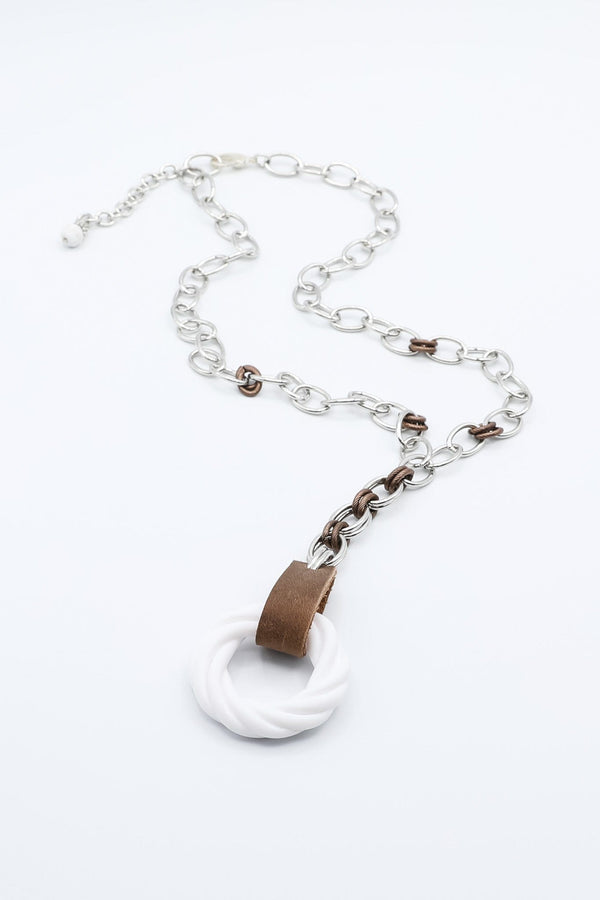 Silver Chain Necklace with Vintage White Accent Ring