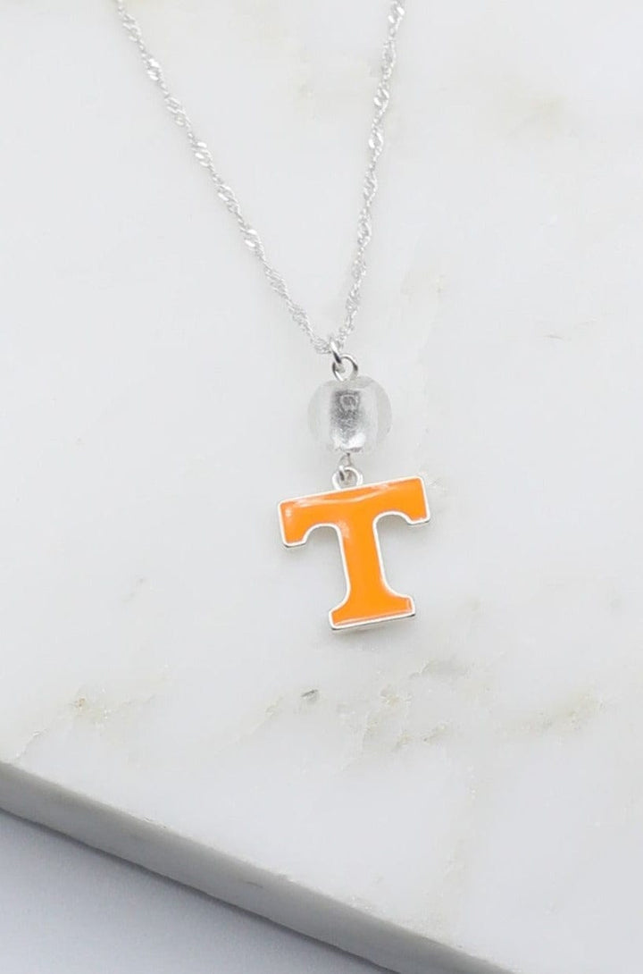 Silver Necklace with Tennessee Power T Pendant and Clear Bead