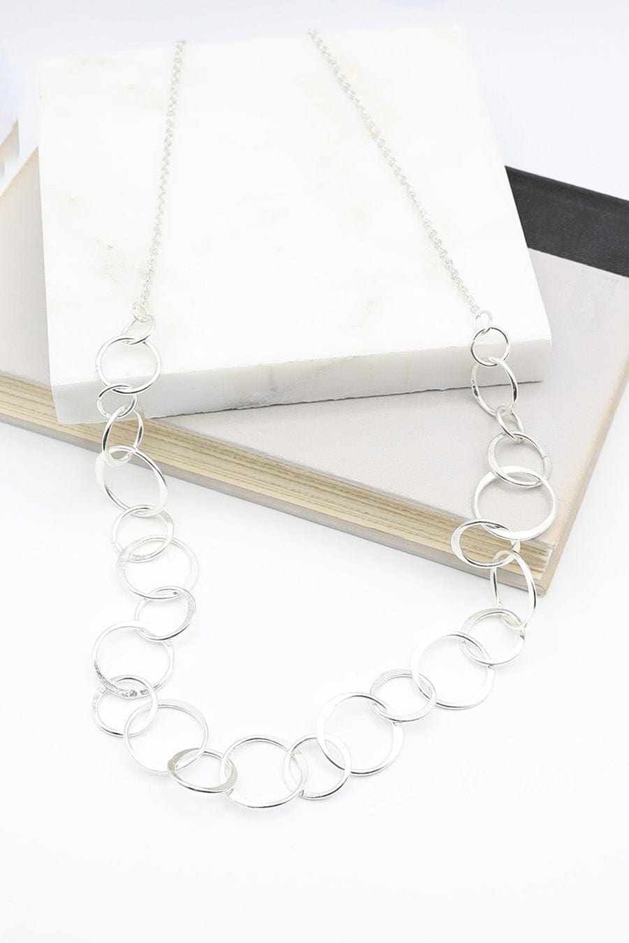 Silver Surge Long Necklace with Circle Connectors