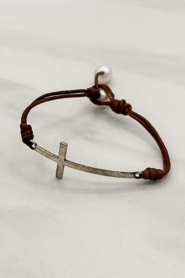 Simple Leather Bracelet With Silver Cross and Freshwater Pearls