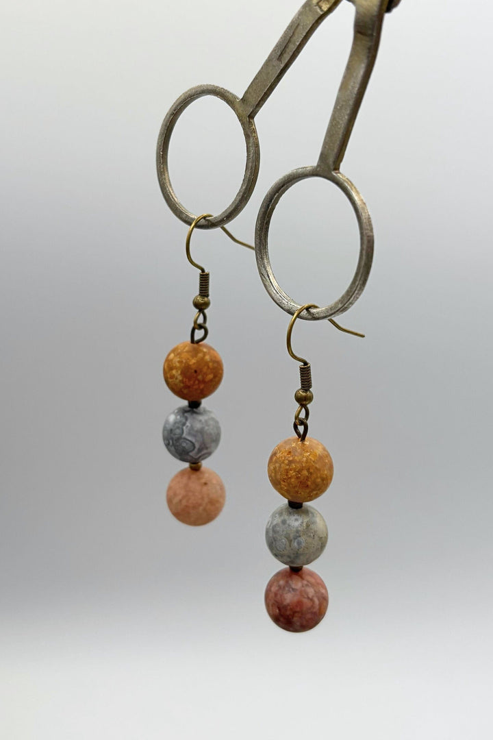 Simple Three Genuine Stone Bead Drop Earrings