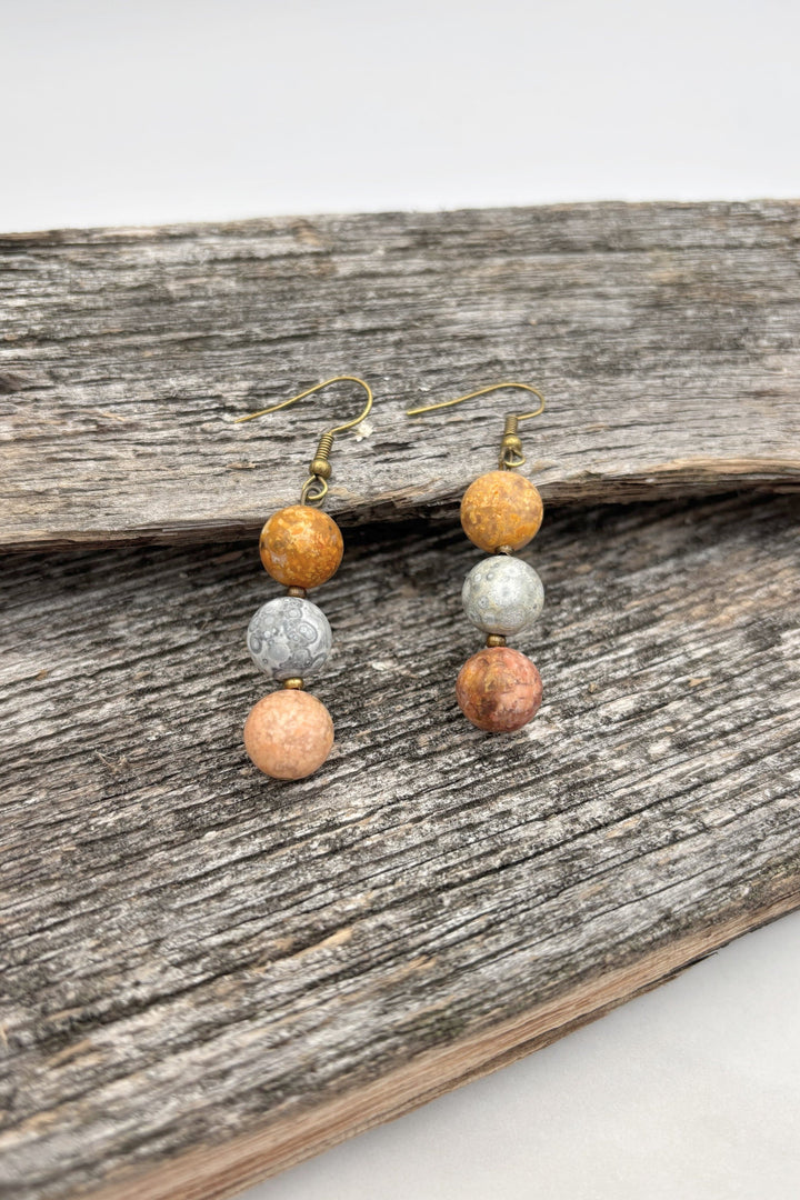 Simple Three Genuine Stone Bead Drop Earrings