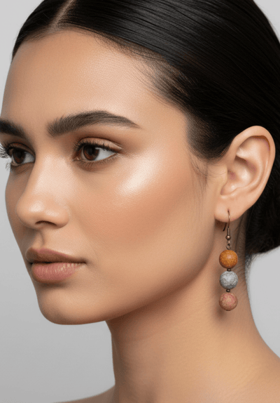 Simple Three Genuine Stone Bead Drop Earrings