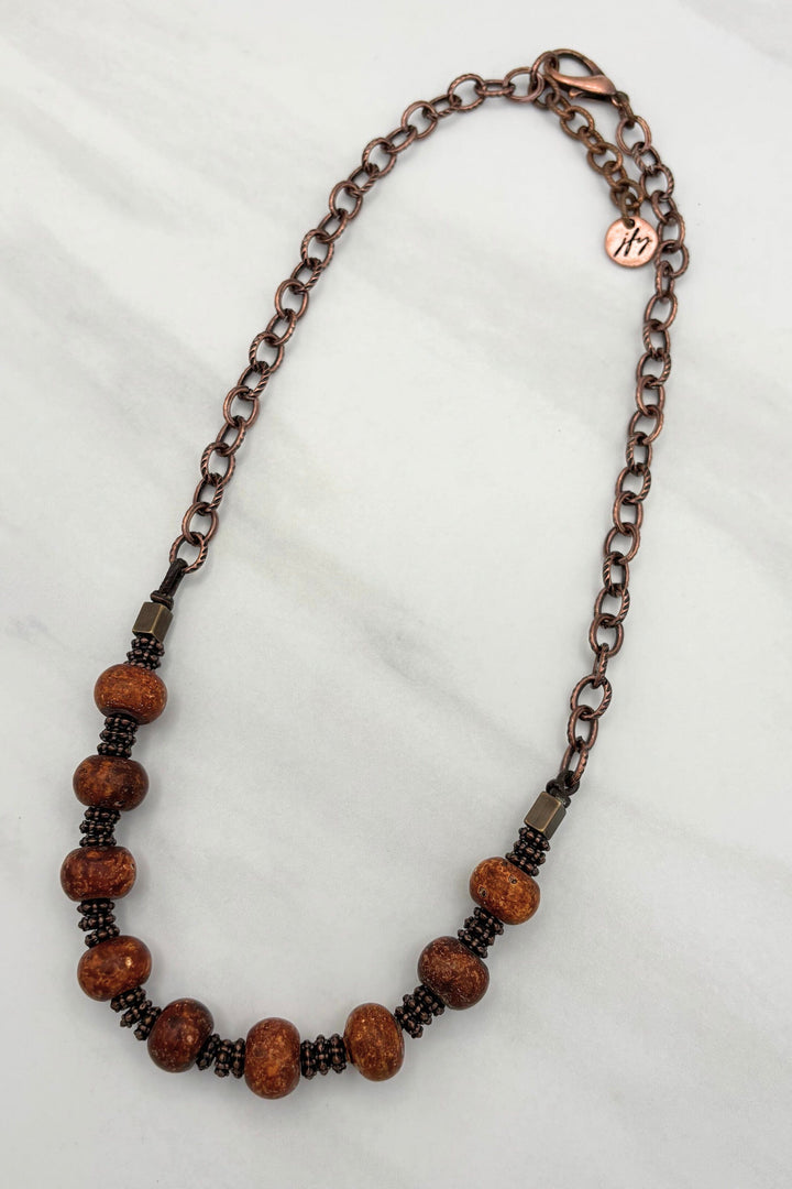 Sina Unique Rich Bronze Metal and Petrified Wood Bead Handmade Necklace
