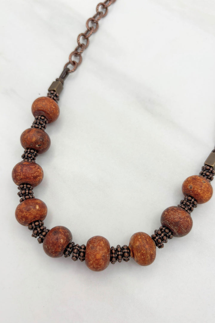 Sina Unique Rich Bronze Metal and Petrified Wood Bead Handmade Necklace