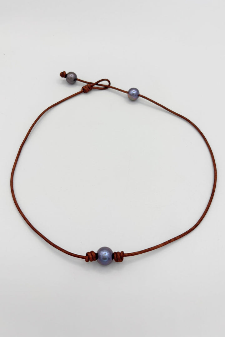 Single Pearl Leather Cord Necklace