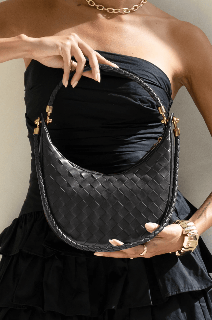 Small Braided Vegan Leather Crescent Bag with Braided Handbag and Crossbody Straps