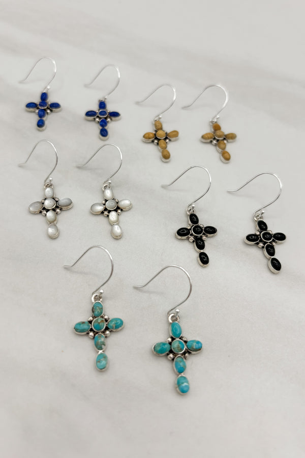 Small Bubble Cross Sterling Silver Genuine Stone Cross Dangle Earrings