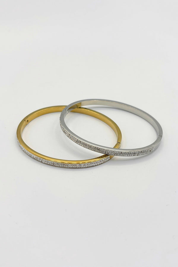 Small Crystal Studded Thin Stainless Steel Hinged Bangle Bracelet